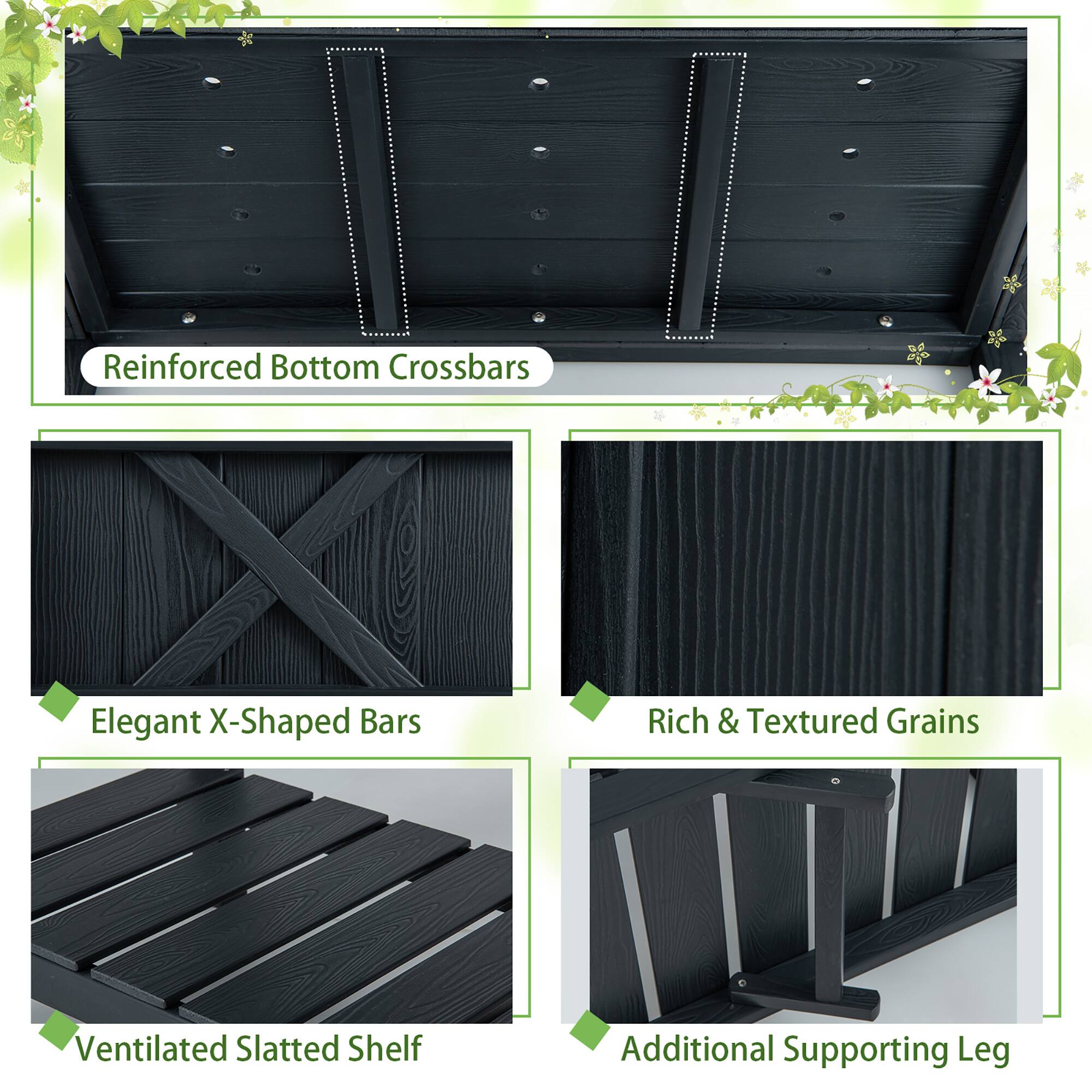- Reinforced Bottom Crossbars
- Elegant X-Shaped Bars
- Rich & Textured Grains
- Ventilated Slatted Shelf
- Additional Supporting Leg