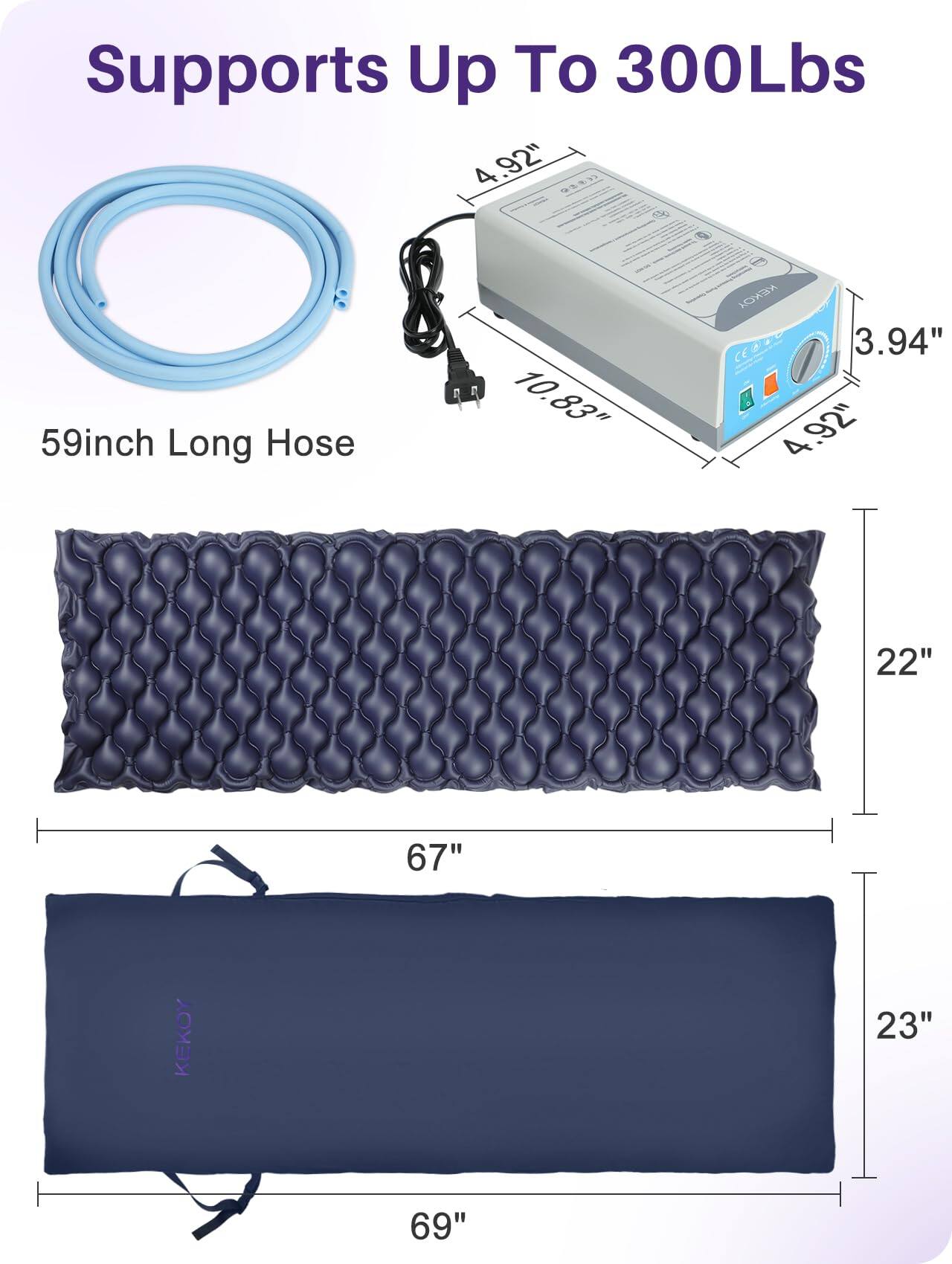 Supports Up To 300Lbs

59inch Long Hose

4.92" x 4.92" x 10.83" x 3.94"

22" x 67"

23" x 69"