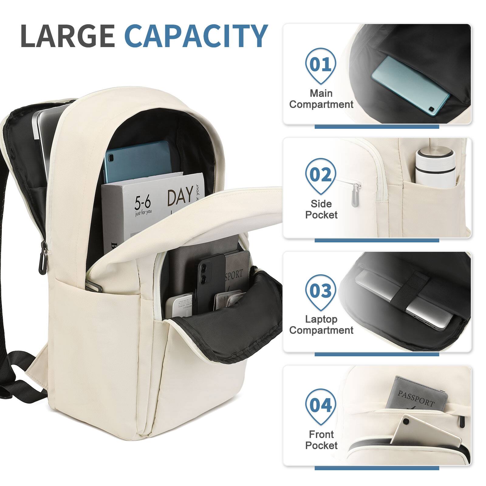 LARGE CAPACITY

01 Main Compartment  
02 Side Pocket  
03 Laptop Compartment  
04 Front Pocket