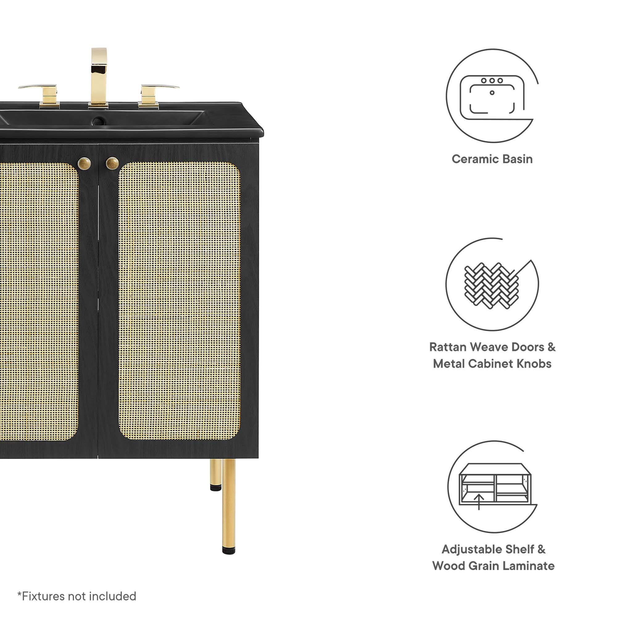 Ceramic Basin  
Rattan Weave Doors & Metal Cabinet Knobs  
Adjustable Shelf & Wood Grain Laminate  

*Fixtures not included