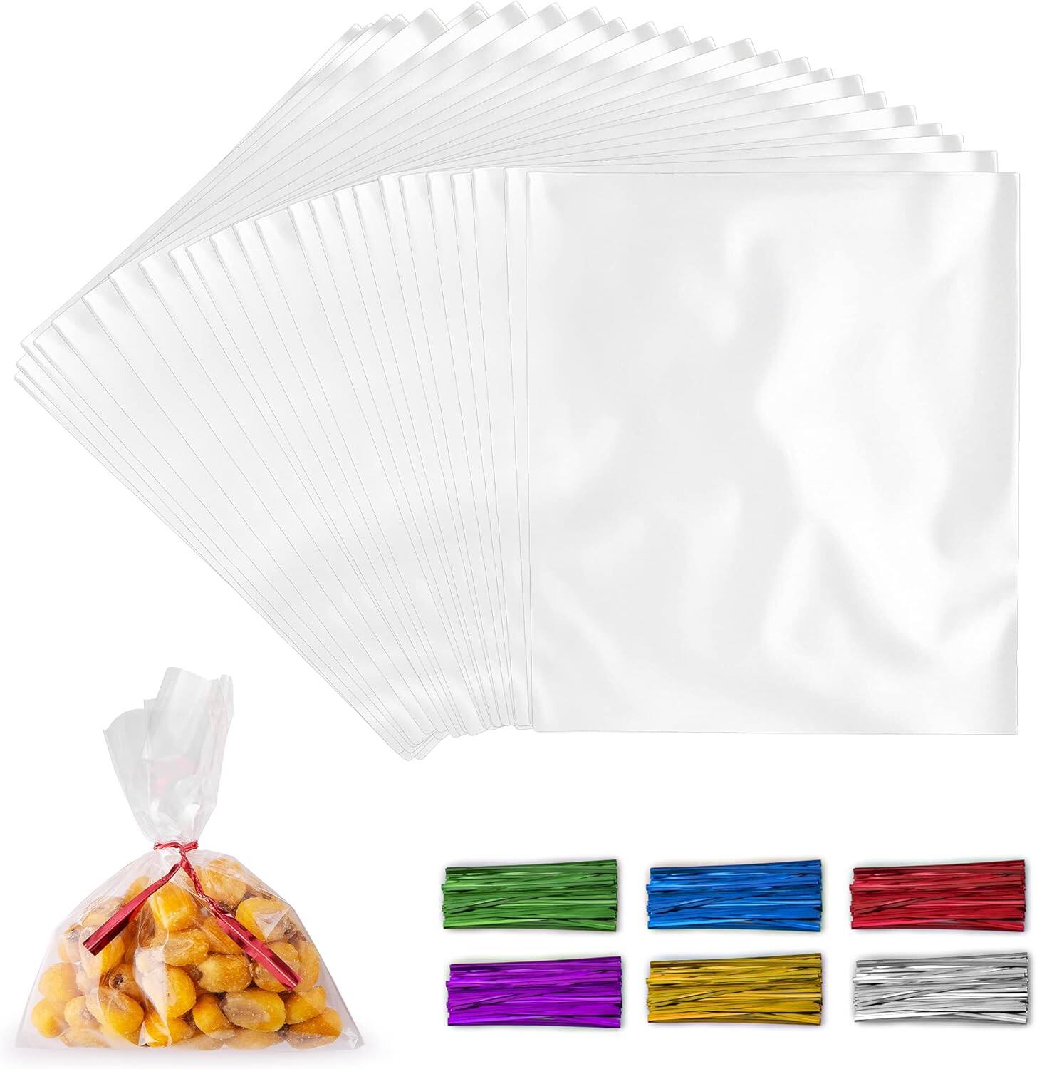 Front. Zulay Kitchen - Simple Craft 200 Pack Candy Treat Cellophane bags - 4x9 Inch Thick Plastic Candy Bags With Ties For Goodie Bags - Clear.