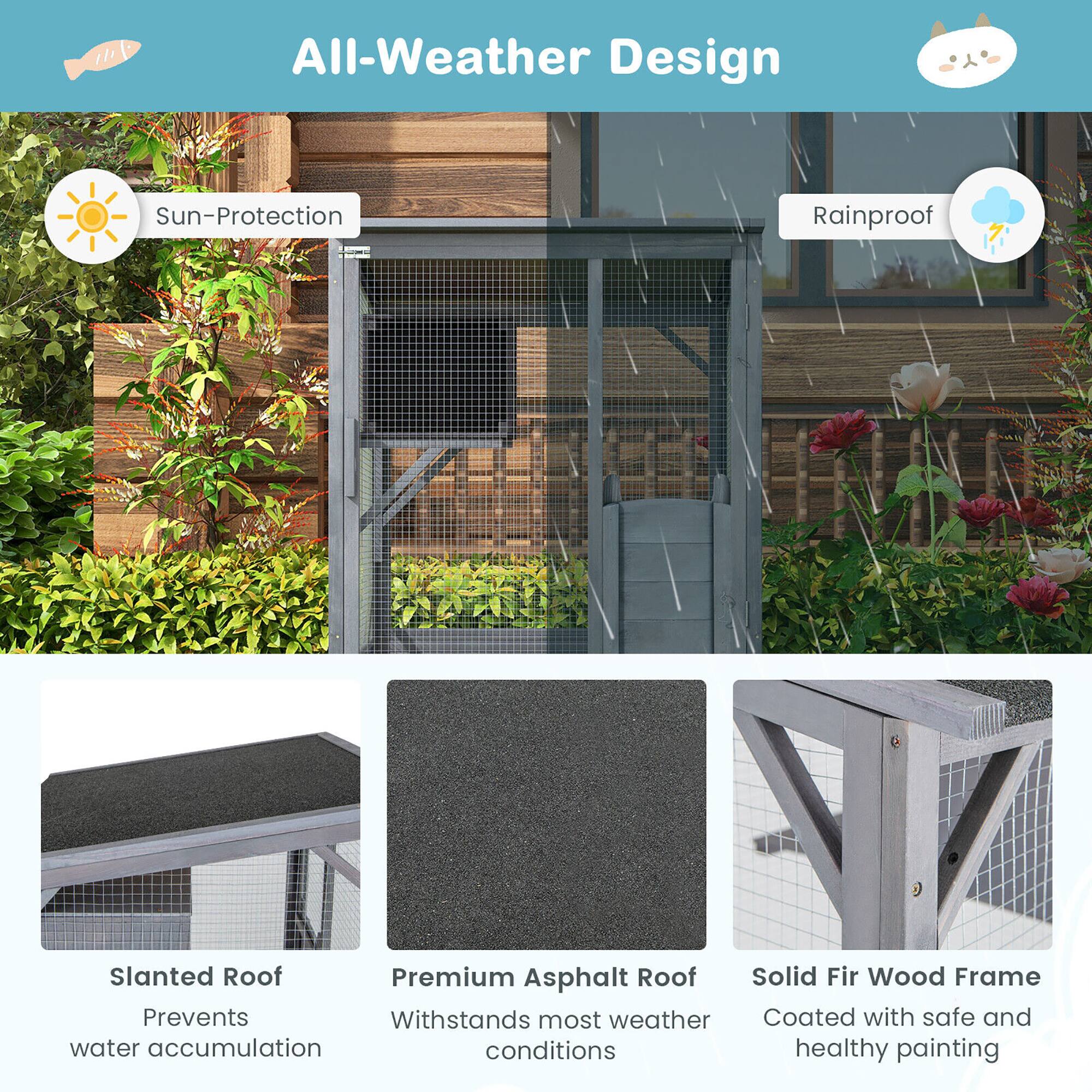 All-Weather Design

- Sun-Protection
- Rainproof

Slanted Roof
Prevents water accumulation

Premium Asphalt Roof
Withstands most weather conditions

Solid Fir Wood Frame
Coated with safe and healthy painting
