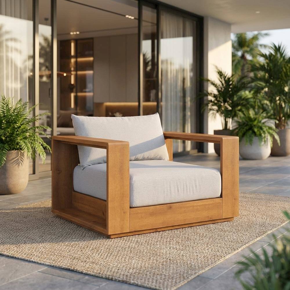 Angle. Outdoor Escape - Outdoor Patio Acacia Wood Chair With Armrests And Comfortable Backrest - Gray.