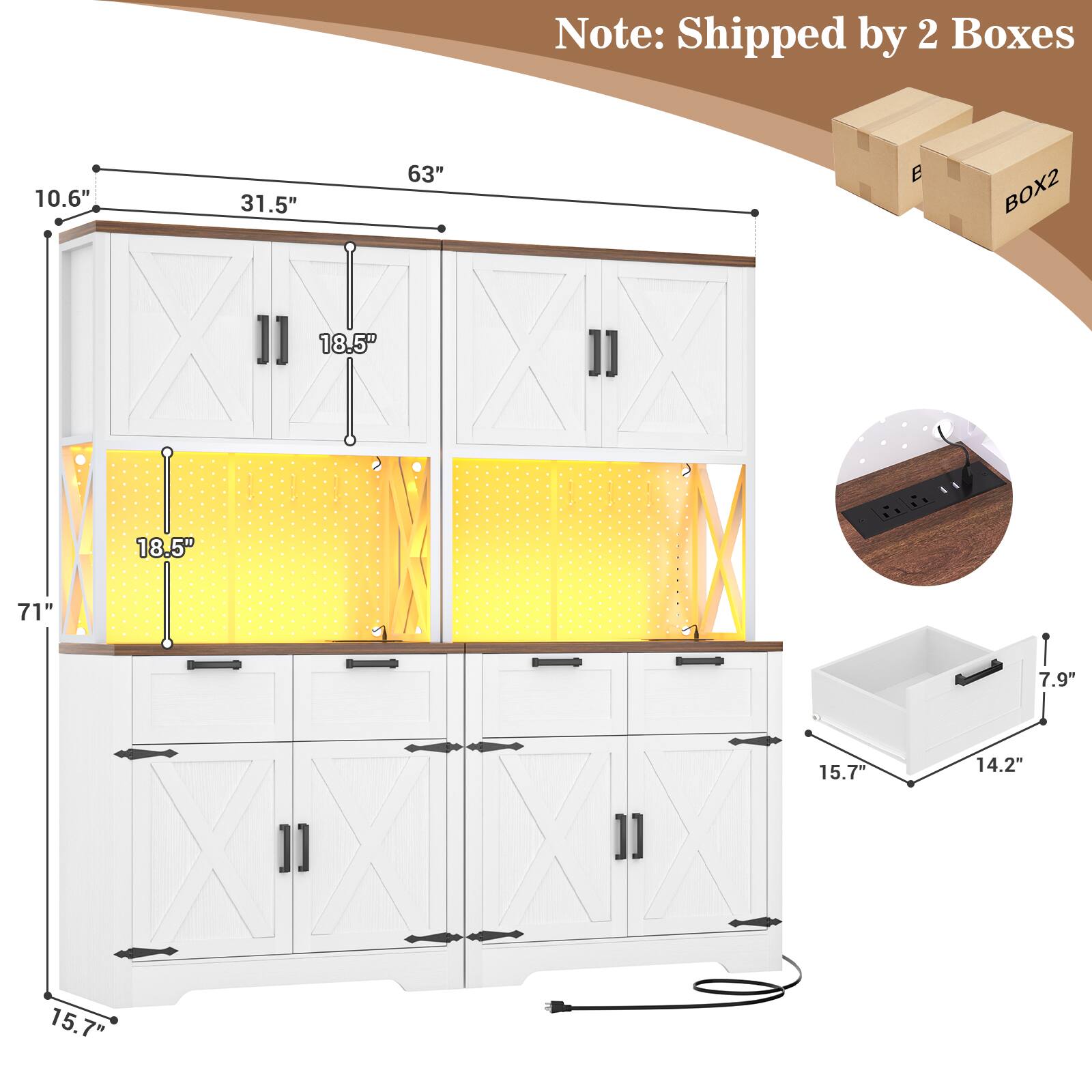 Note: Shipped by 2 Boxes

10.6" 31.5" 63"  
18.5" 18.5" 71"  
15.7" 15.7"  
7.9" 14.2"
