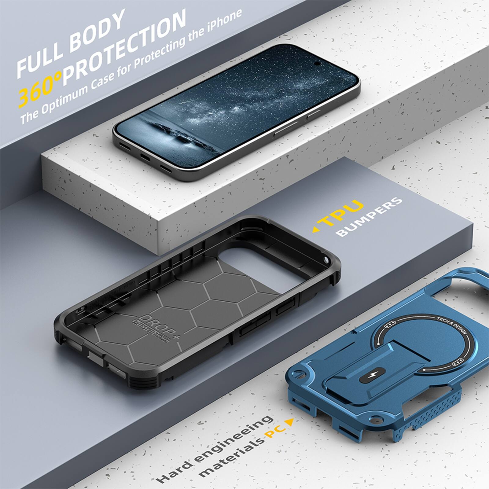 FULL BODY 360° PROTECTION  
The Optimum Case for Protecting the iPhone  

TPU BUMPERS  

Hard engineering materials PC  

TECH DESIGN
