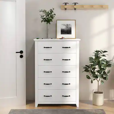 Tall Storage Dresser with 5 Pull-out Drawers for Bedroom Living Room-White | Costway Tall Storage Dresser with 5 Pull-out Drawers for Bedroom Living Room-White | Costway