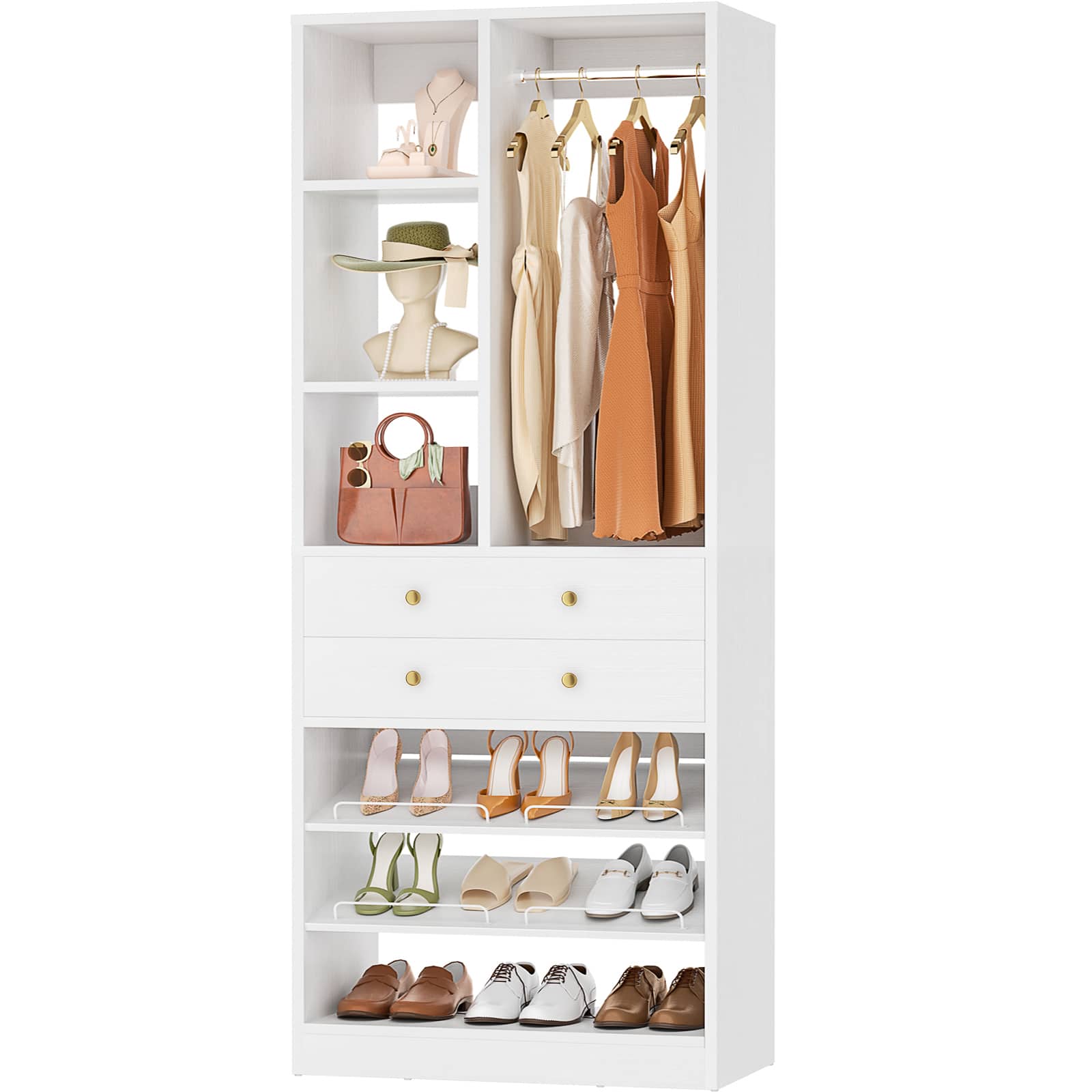 Aheaplus - 2.3 FT (28”) Wood Closet Organizer Tower with Drawers & Shelves - Free Standing Reach-in for Small Closets - White