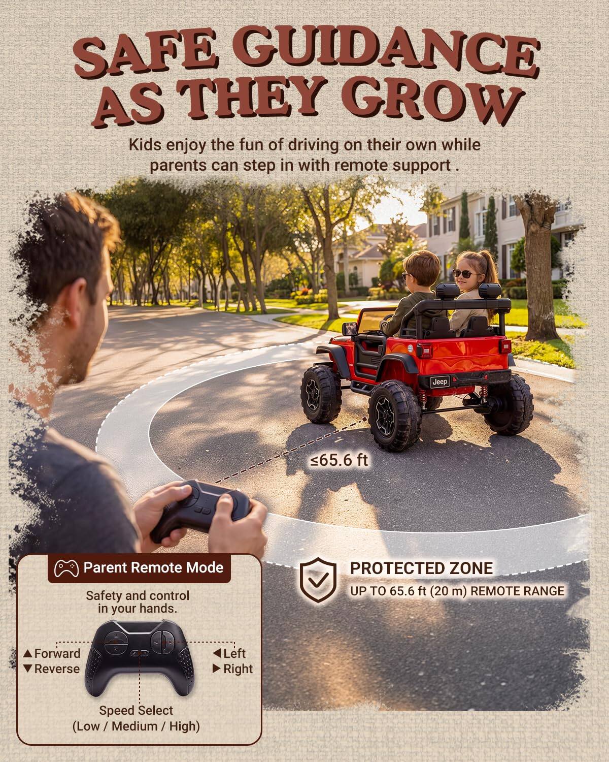 SAFE GUIDANCE AS THEY GROW  
Kids enjoy the fun of driving on their own while parents can step in with remote support.

Jeep  
65.6 ft

Parent Remote Mode  
Safety and control in your hands.

PROTECTED ZONE UP TO 65.6 ft (20 m) REMOTE RANGE  
Forward Reverse  
Left Right  
Speed Select (Low/Medium/High)