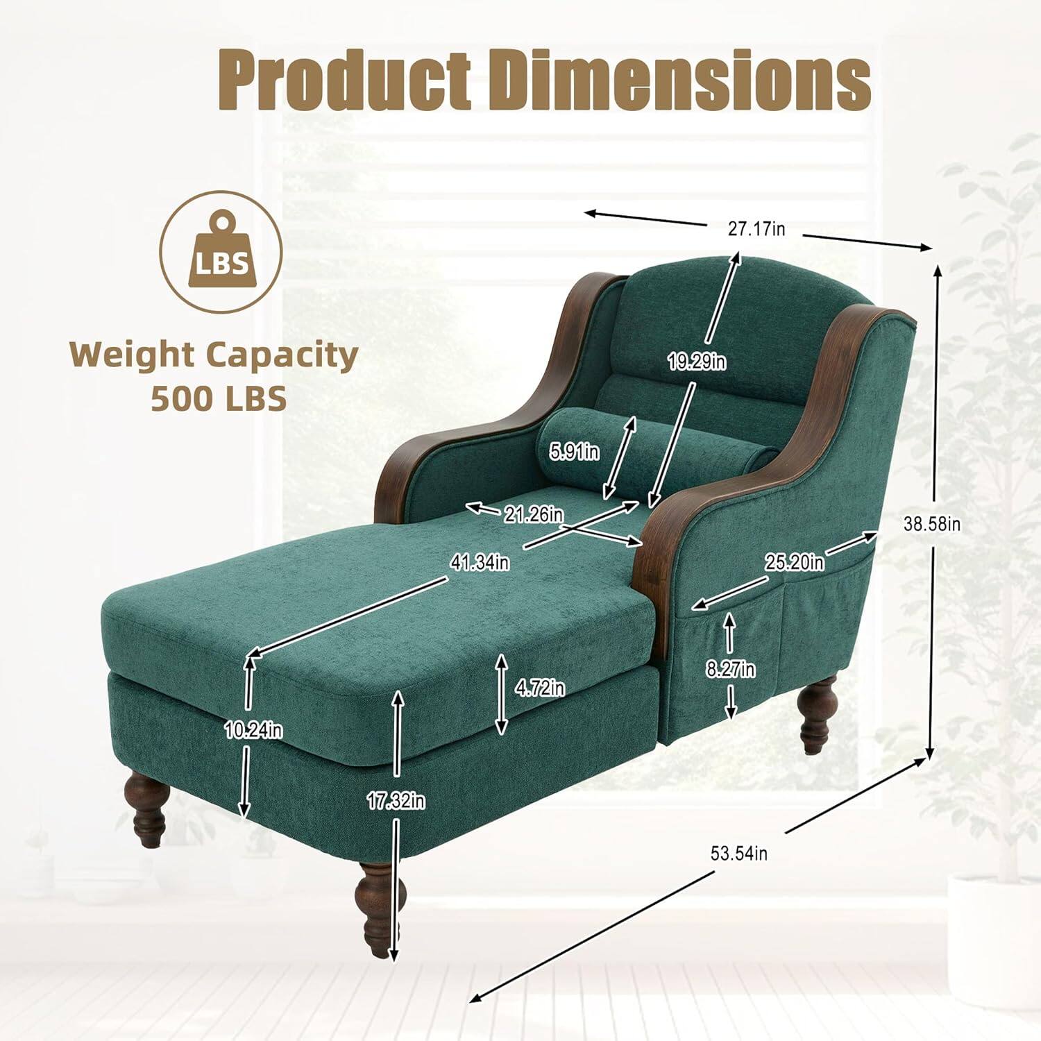 Product Dimensions  
Weight Capacity: 500 LBS  

- Length: 53.54in  
- Width: 38.58in  
- Height: 41.34in  
- Seat Height: 17.32in  
- Seat Depth: 21.26in  
- Armrest Height: 27.17in  
- Armrest Width: 19.29in  
- Back Height: 25.20in  
- Back Width: 5.91in  
- Side Width: 8.27in  
- Side Height: 4.72in
