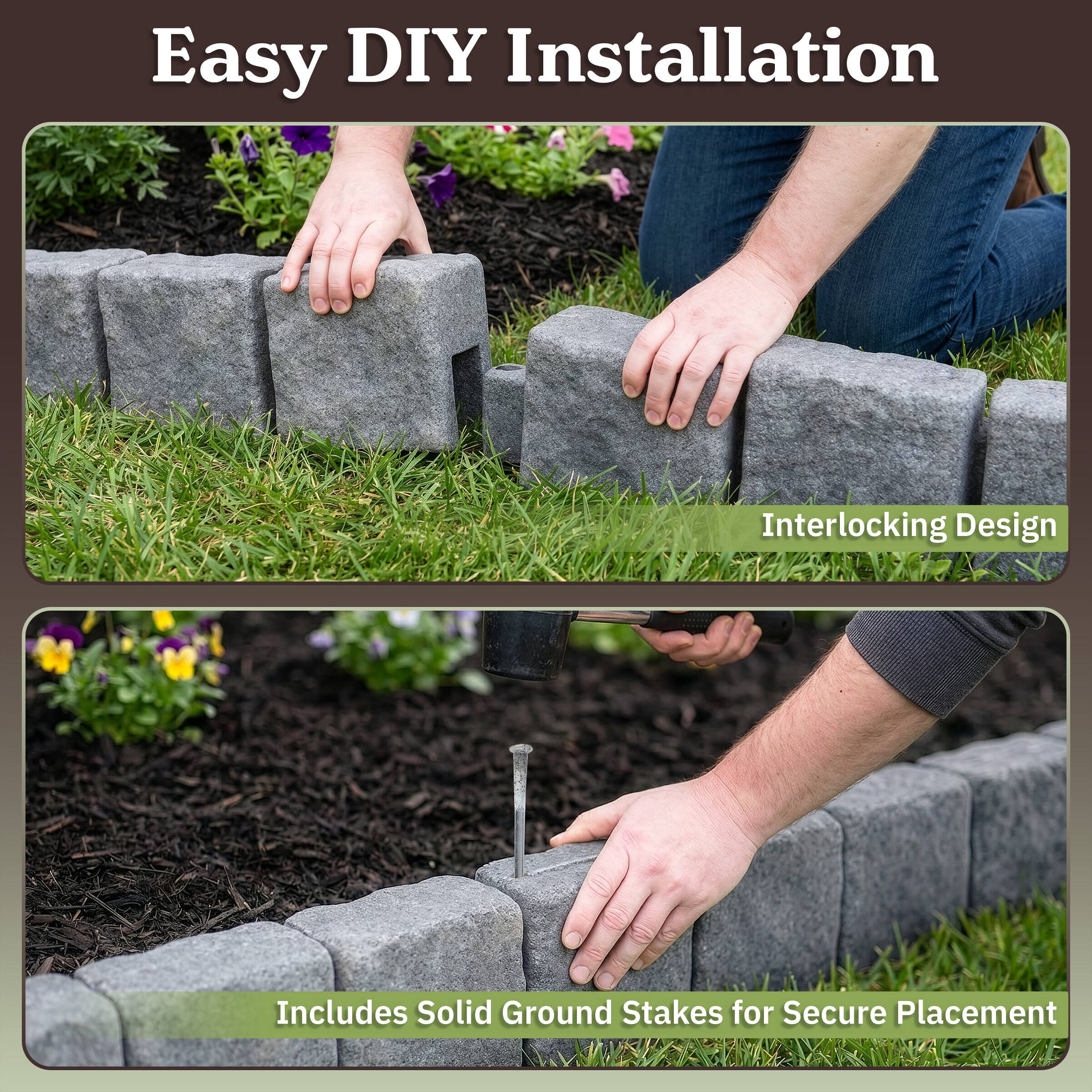 Easy DIY Installation  
Interlocking Design  
Includes Solid Ground Stakes for Secure Placement