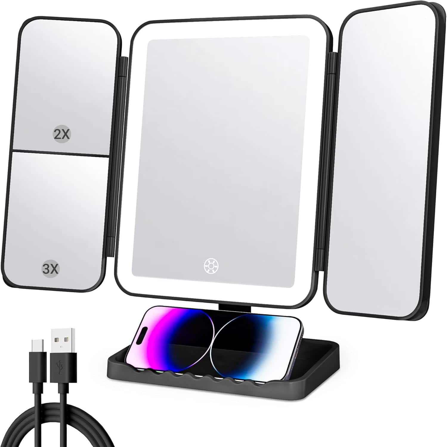 Stamp n Camp - Makeup Mirror Vanity Mirror with Lights, 3 Color Lighting Modes, 1X/2X/3X Magnification, Tri-fold, 360° Rotation - Black