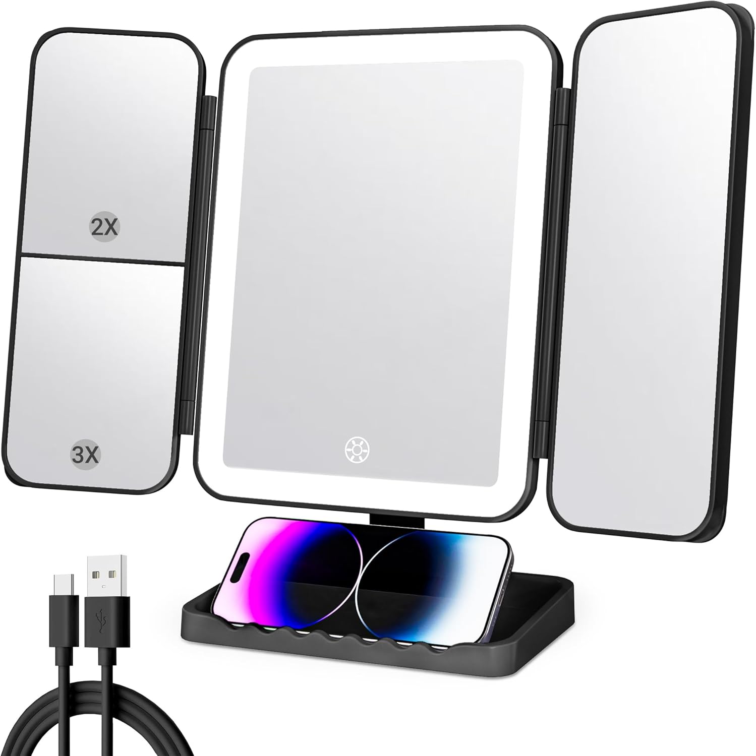 Stamp n Camp - Makeup Mirror Vanity Mirror with Lights, 3 Color Lighting Modes, 1X/2X/3X Magnification, Tri-fold, 360° Rotation - Black