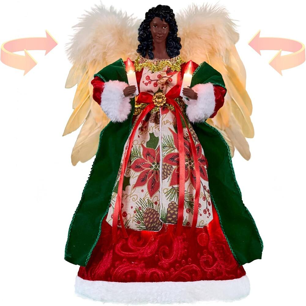 Front. Schertz - 12-Inch Black Angel Tree Topper with Lights – Red Cloth, Plug & Battery Operated - Red.
