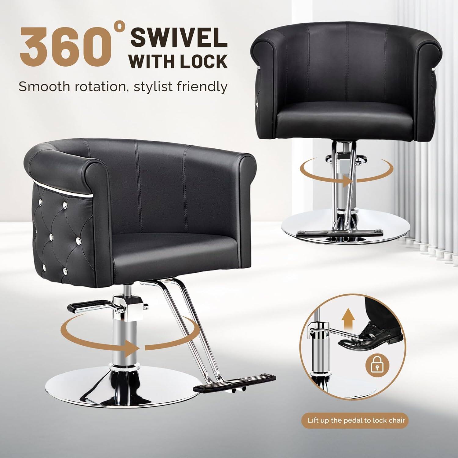 360° SWIVEL WITH LOCK  
Smooth rotation, stylist friendly  

Lift up the pedal to lock chair