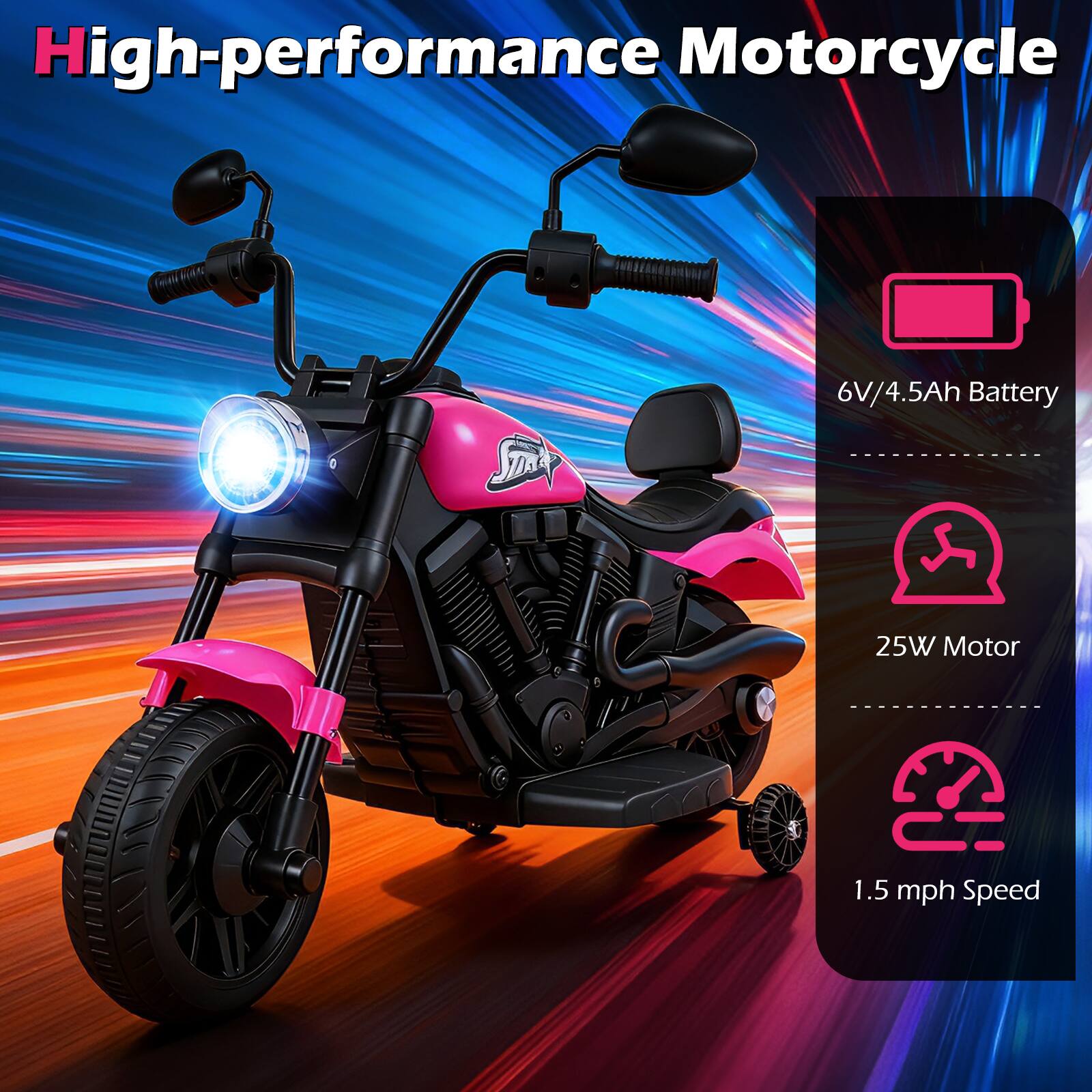 High-performance Motorcycle

- 6V/4.5Ah Battery
- 25W Motor
- 1.5 mph Speed