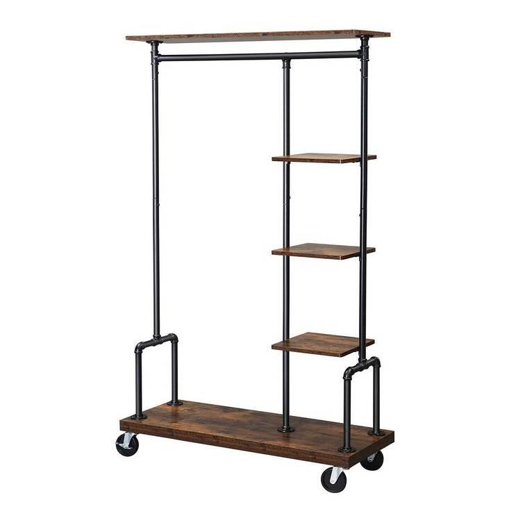 Front. SlickBlue - Industrial Clothing Rack with Wood Shelves and Locking Wheels - Rustic Brown.