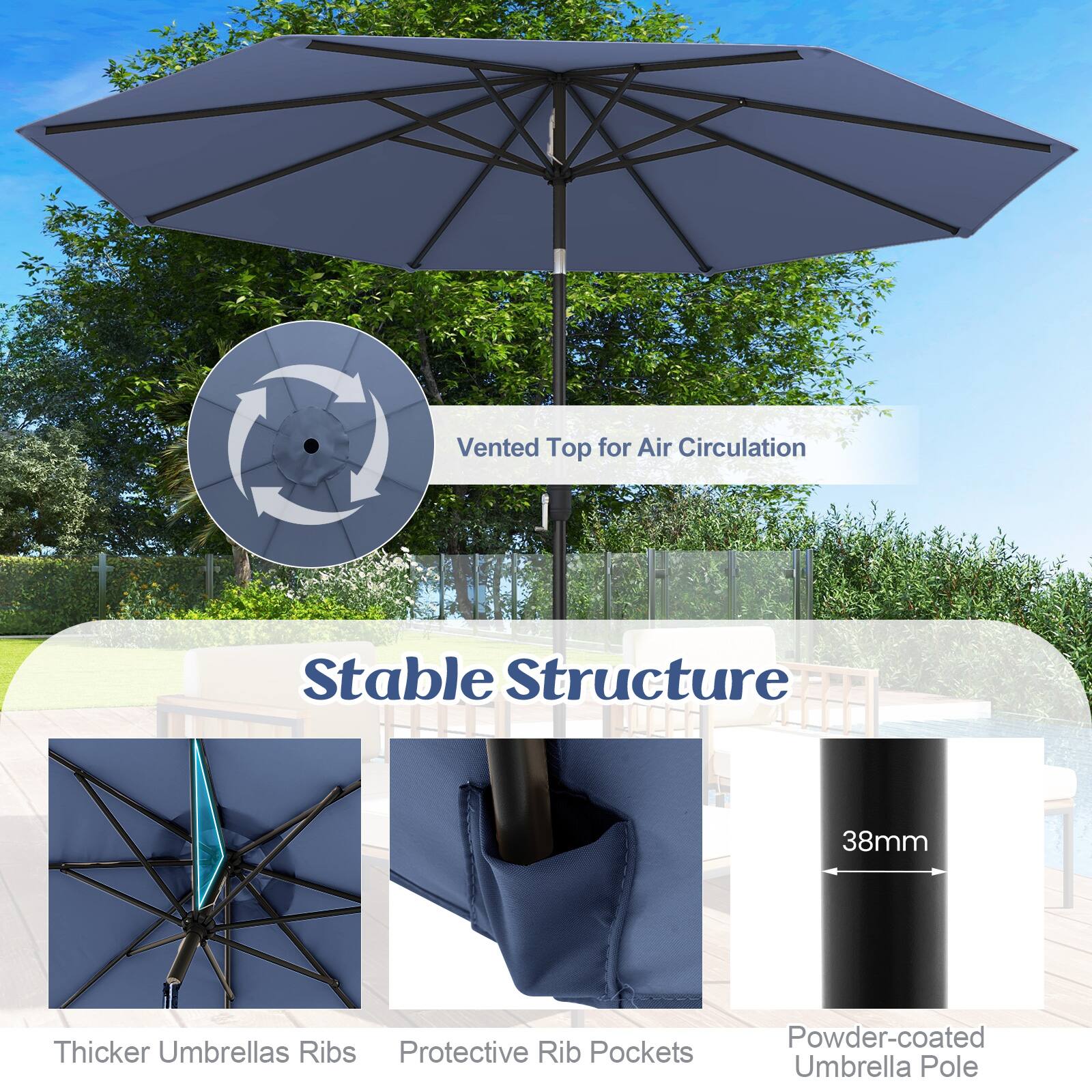 Vented Top for Air Circulation  
Stable Structure  
38mm Thicker Umbrella Ribs  
Protective Rib Pockets  
Powder-coated Umbrella Pole