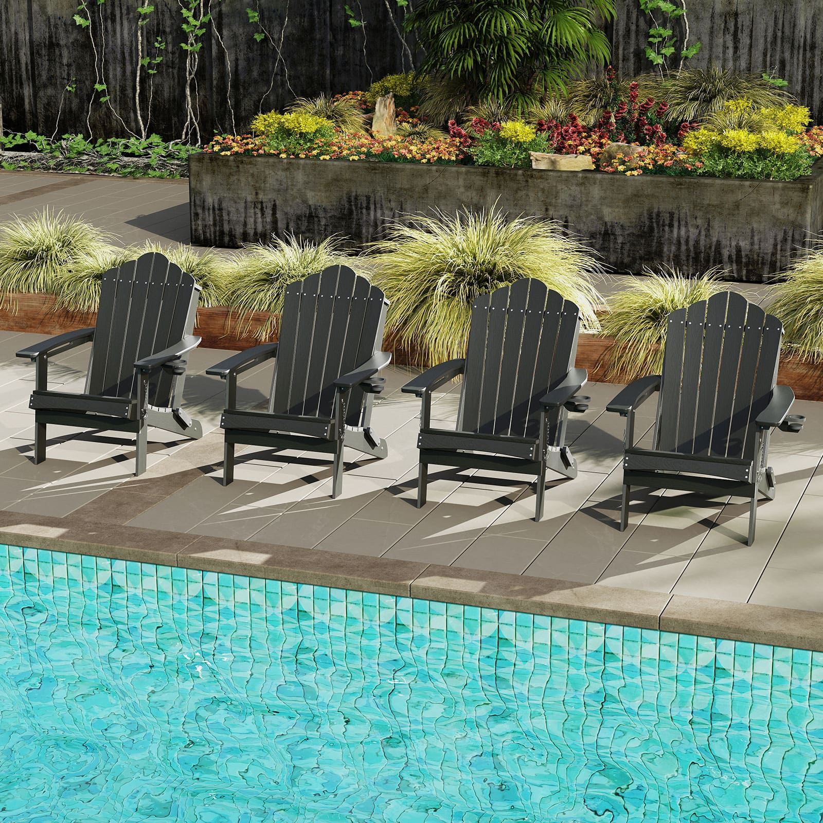 Gymax - 4PCS Patio Folding Adirondack Chair Weather Resistant Cup Holder Yard Grey - Gray