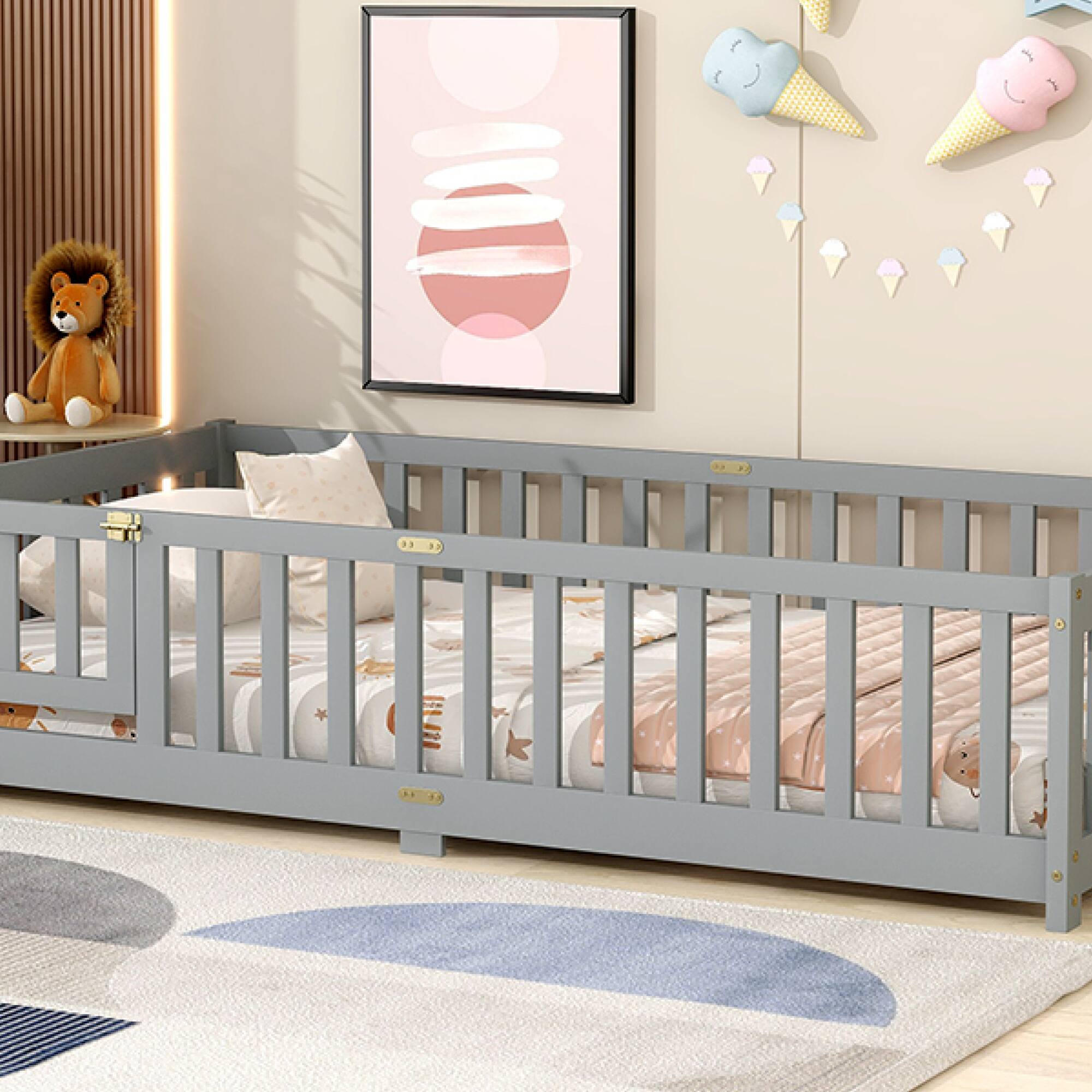 Alt View 8. GOODSILO - Twin Size Floor Bed with Safety Fence and Door for Kids, Sturdy Rubber Wood Construction - Grey.