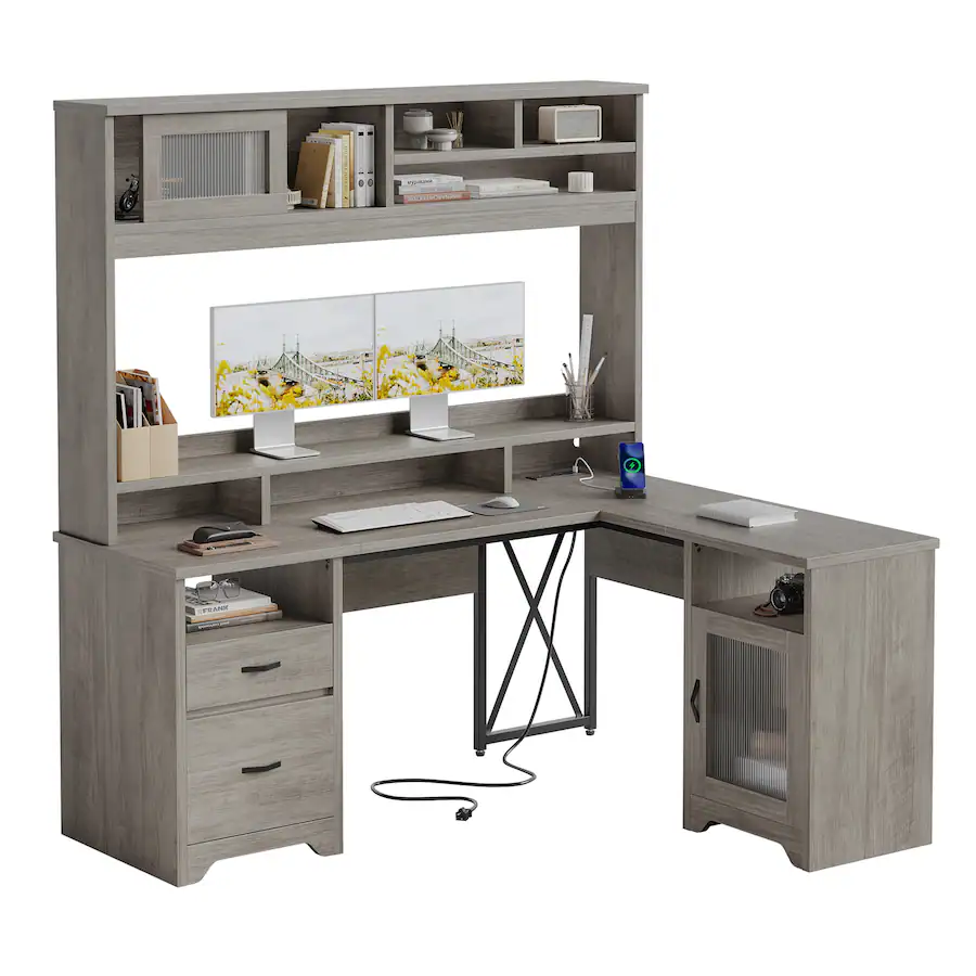 Bestier 63 inch Hutch L Shaped Desk with Monitor Stand & Drawers, LED ...