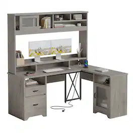 Bestier - 63-inch Hutch L Shaped Desk with Monitor Stand & Drawers, LED Computer Desk with Charging Station & Cabinet - Gray