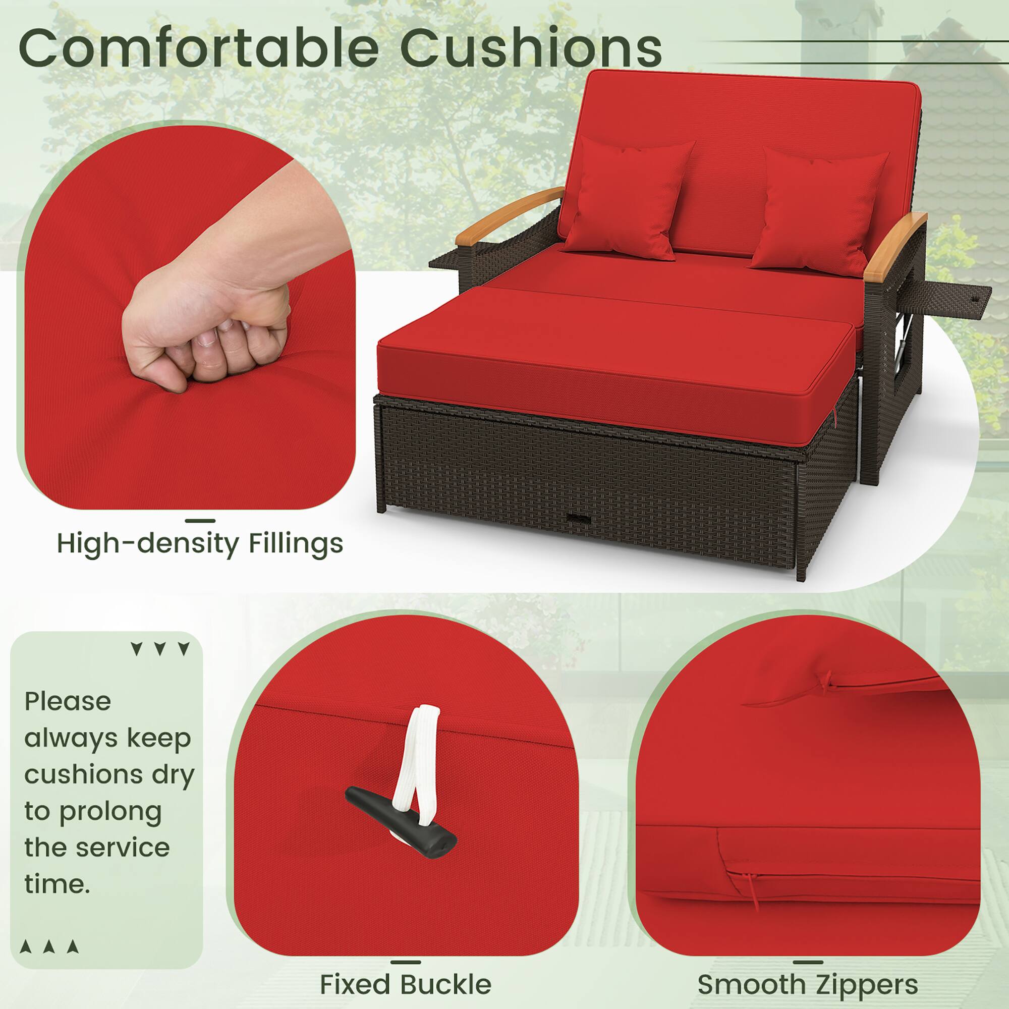 Comfortable Cushions
High-density Fillings
Fixed Buckle
Smooth Zippers

Please always keep cushions dry to prolong the service time.