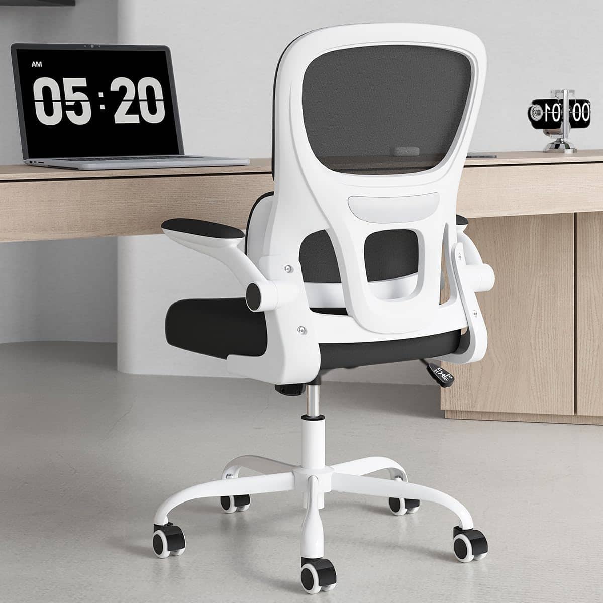 PexFix - Ergonomic Office Chair with Flip-Up Arms, Tailored Lumbar Support & 120° Rocking, 350 lb Capacity - White+Black