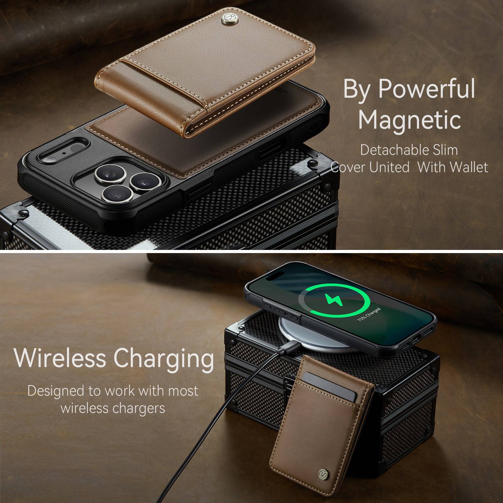 By Powerful Magnetic  
Detachable Slim Cover United With Wallet  

Wireless Charging  
Designed to work with most wireless chargers