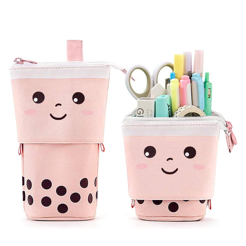 Paradigms Interiors - Cute Standing Pencil Case Pen Holder For Pop Up Stand Bubble Tea Organizer Stationary Christmas Holiday Year Office F - Pink