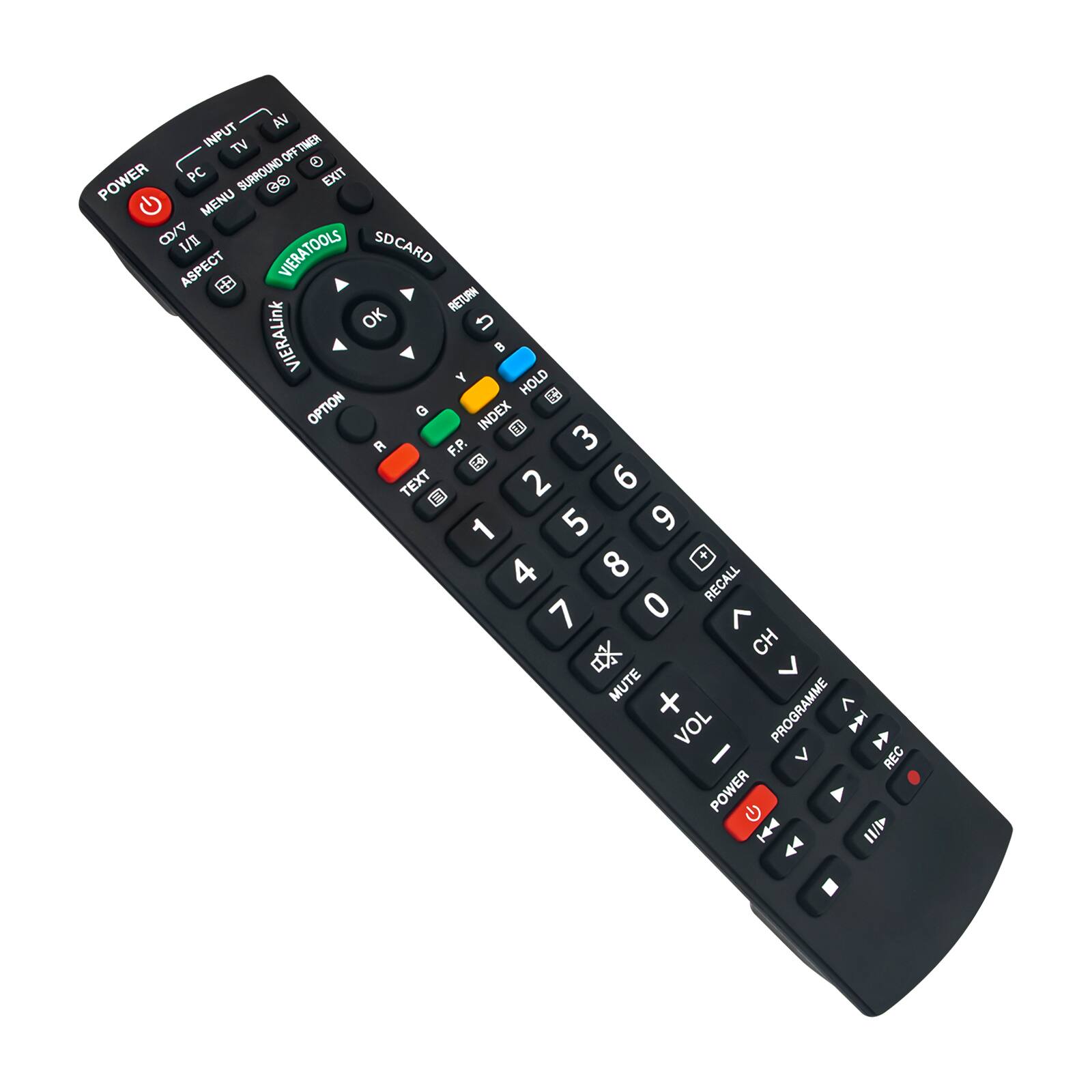 Sure, here is the corrected and grouped text from the image:

- **Top Row:**
  - INPUT
  - TV
  - PC
  - SURROUND OFF/ON
  - EXIT

- **Left Side:**
  - POWER
  - 1/1/1
  - ASPECT
  - VIERA LINK
  - OPTION
  - TEXT
  - 1
  - 2
  - 3
  - 4
  - 5
  - 6
  - 7
  - 8
  - 9
  - 0
  - MUTE
  - VOL -
  - VOL +
  - POWER

- **Center:**
  - MENU
  - OK
  - RETURN
  - Y
  - B
  - G
  - R
  - F.R.
  - CC
  - INDEX
  - 2
  - 6
  - 1
  - 5
  - 9
  - 4
  - 8
  - RECALL
  - 7
  - 0
  - CH
  - PROGRAMME
  -