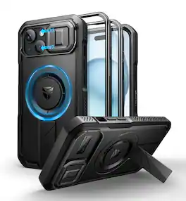 dexnor - iPhone 15 Case with Slide Camera Cover & Adjustable Kickstand & Built-in Screen Protector - Black