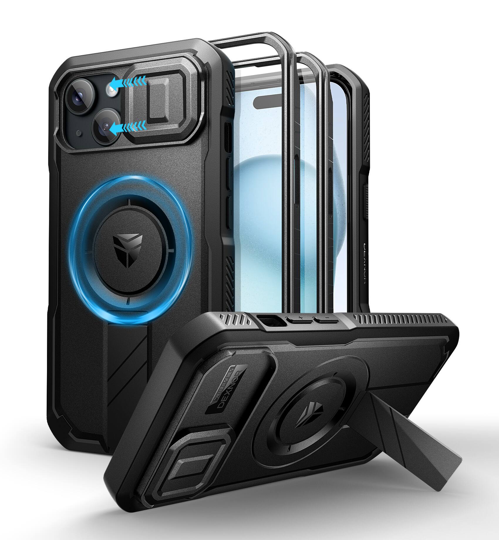 Front. dexnor - Dexnor iPhone 15 Case with Slide Camera Cover & Adjustable Kickstand & Built-in Screen Protector,Black - Black.