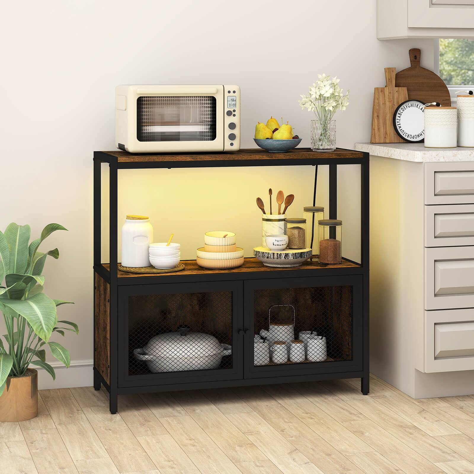 Alt View 3. Costway - Costway Coffee Bar Cabinet with LED Lights, Industrial Buffet Sideboard with Charging Station - Rustic Brown,Black.