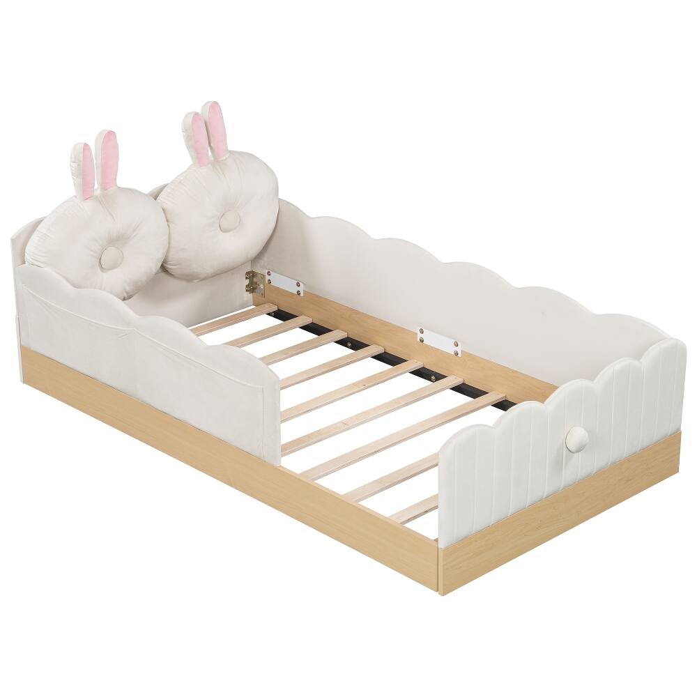 Alt View 7. Loheer - Loheer Twin Size Upholstered Platform Bed Beige Velvet Kids Bed with Storage Bags Animal Pillows No Box Spring Required - Beige.