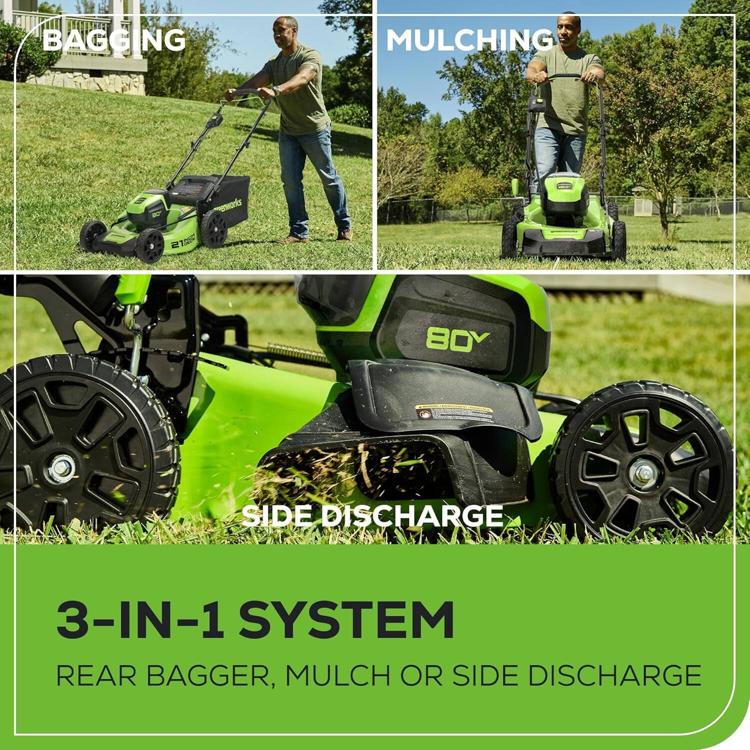 Greenworks 80V 21” (Push) Cordless Lawn Mower + Axial Leaf Blower