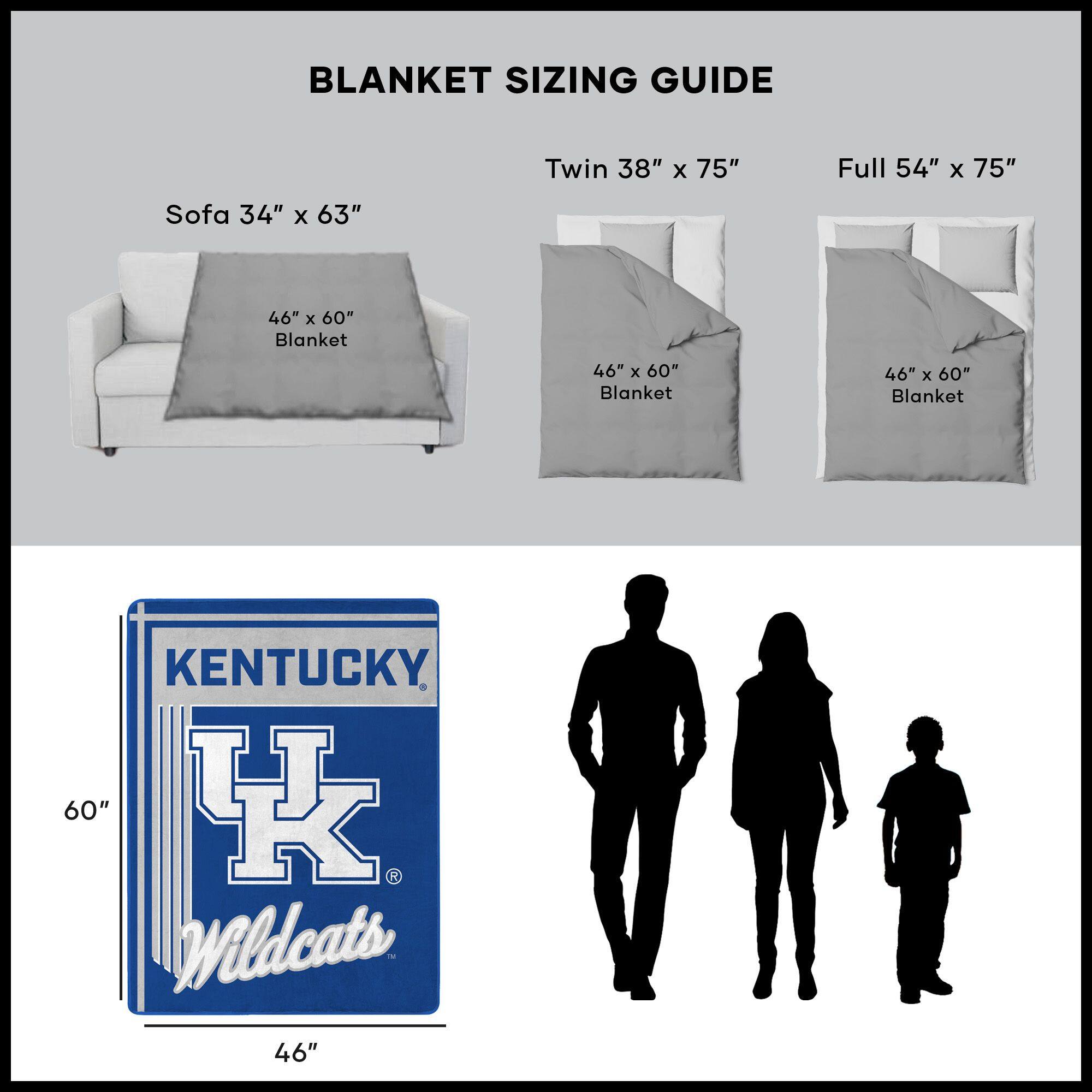 BLANKET SIZING GUIDE

Sofa 34" x 63"  
46" x 60" Blanket

Twin 38" x 75"  
46" x 60" Blanket

Full 54" x 75"  
46" x 60" Blanket

KENTUCKY Wildcats  
46" x 60"