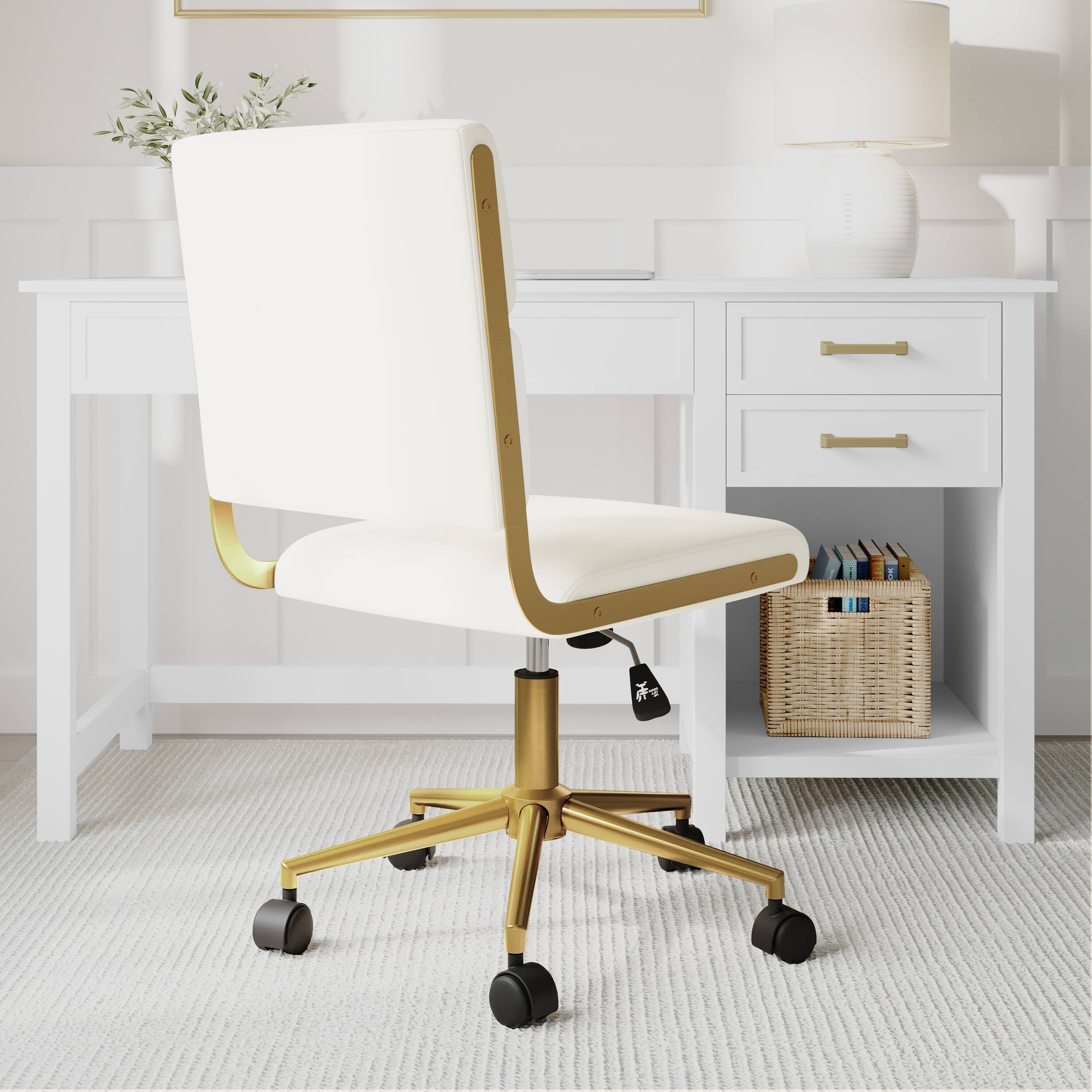 Alt View 5. Martha Stewart - Lulu Upholstered Height-Adjust Swivel Home Office Chair - Off White Faux Leather/Polished Brass Frame.
