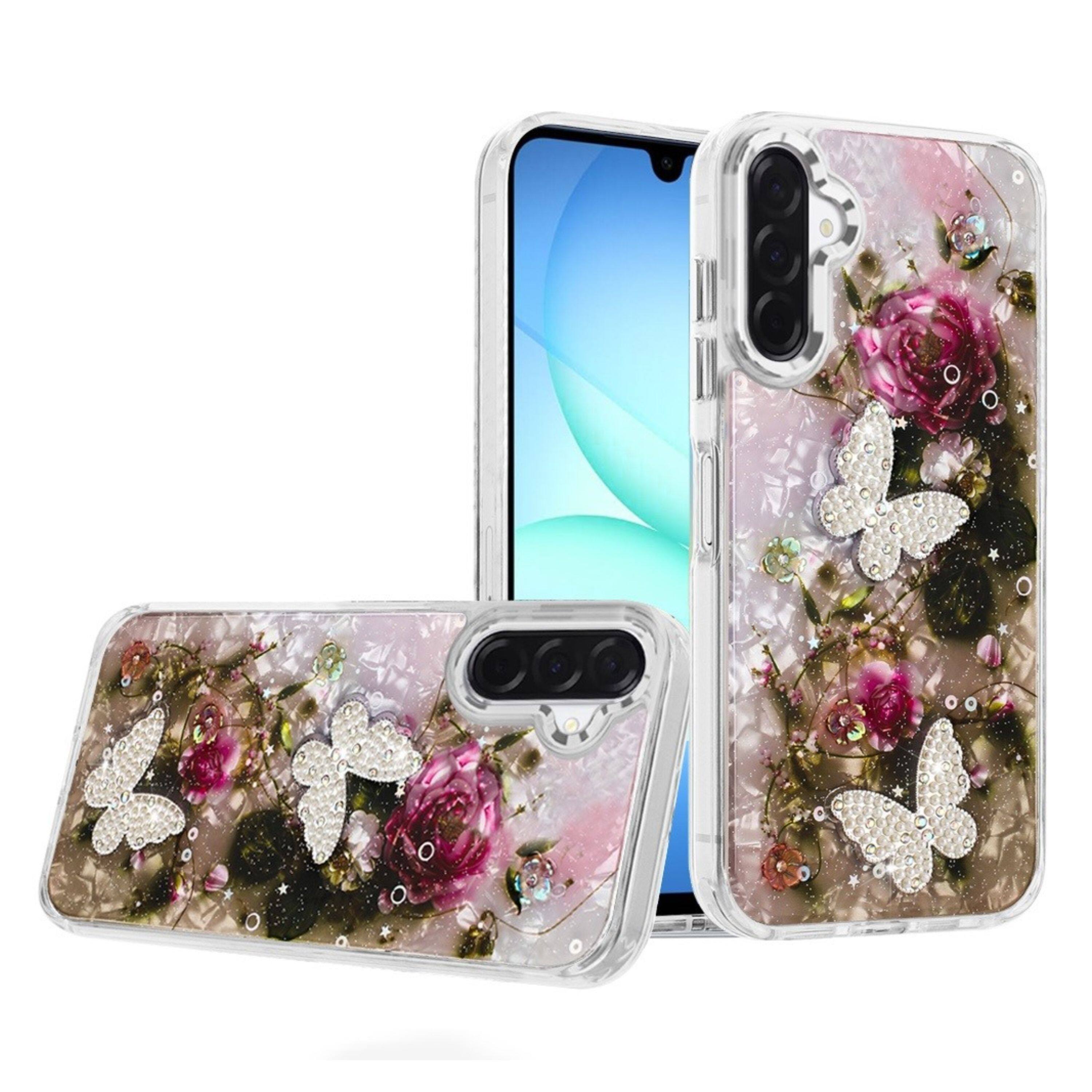 Angle. Kitcheniva - Epoxy Glitter 3D Beaded Butterflies Design Phone Case With Tempered Glass For Samsung Galaxy A17 5G Rose - Multicolor.
