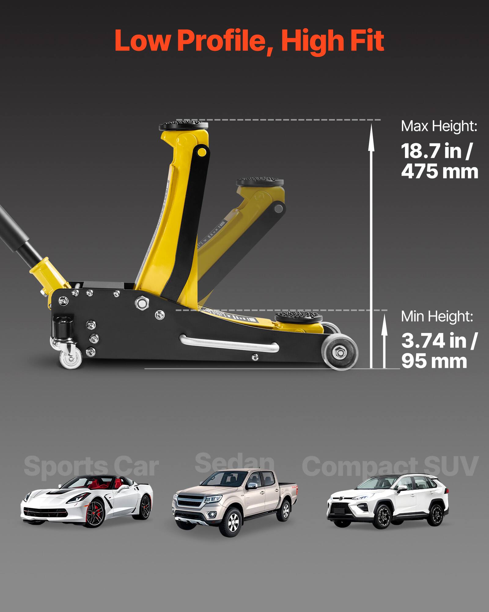 Low Profile, High Fit  
Max Height: 18.7 in / 475 mm  
Min Height: 3.74 in / 95 mm  
Sports Car Sedan Compact SUV