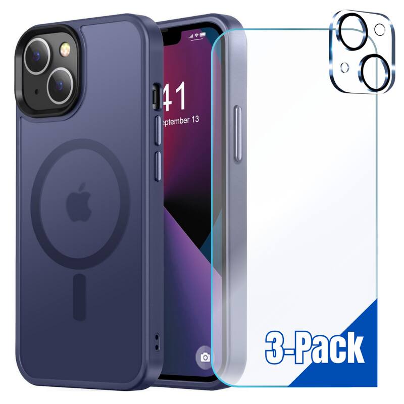 Entronix - iPhone 13 Protection Bundle - Magnetic Translucent Matte Case with Screen & Camera Lens Protectors - Navy Blue