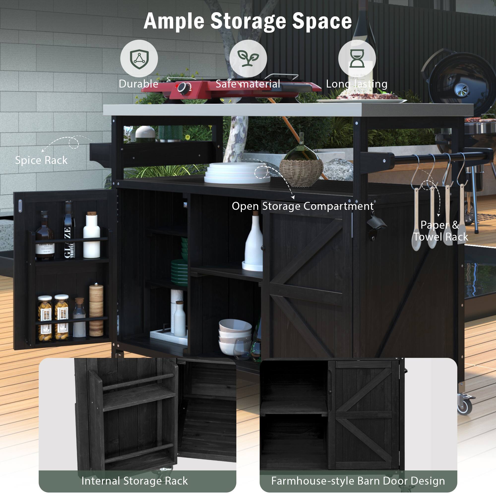 Ample Storage Space

- Durable
- Safe material
- Long lasting

- Spice Rack
- Open Storage Compartment
- Paper & Towel Rack
- Internal Storage Rack
- Farmhouse-style Barn Door Design