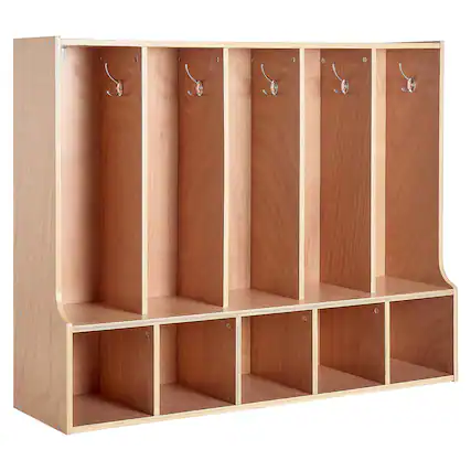 Front. VEVOR - 5-Section Kids Coat Locker, Wooden Toddler Cubby Storage Organizer with 10 Hooks & Non-Slip Mat, Modern Kid Coat Cubbies - Natural Wood.