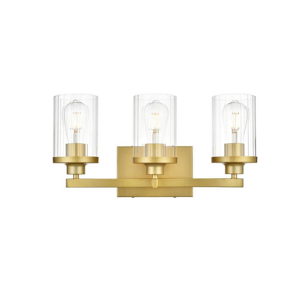 Alt View 1. Living District - Saanvi 3 light Brass and Clear Bath Sconce - Brass And Clear.