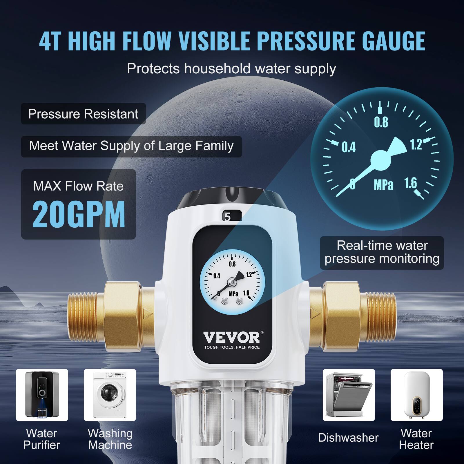 4T HIGH FLOW VISIBLE PRESSURE GAUGE  
Protects household water supply  

Pressure Resistant  
Meet Water Supply of Large Family  

MAX Flow Rate  
20GPM  

Real-time water pressure monitoring  

VEVOR  
TOUGH TOOLS HALF PRICE  

Water Purifier  
Washing Machine  
Dishwasher  
Water Heater