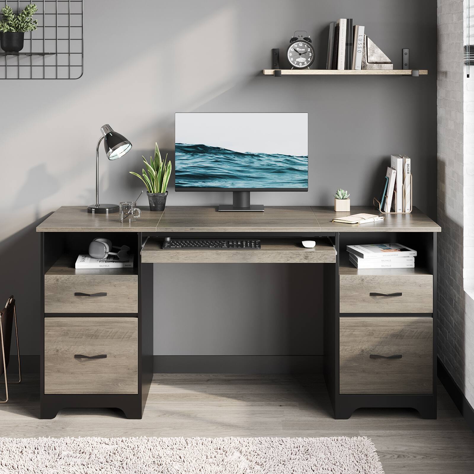 Bestier - 59" Wide Office Desk with Four Drawers and File Drawer Computer Desk - Gray