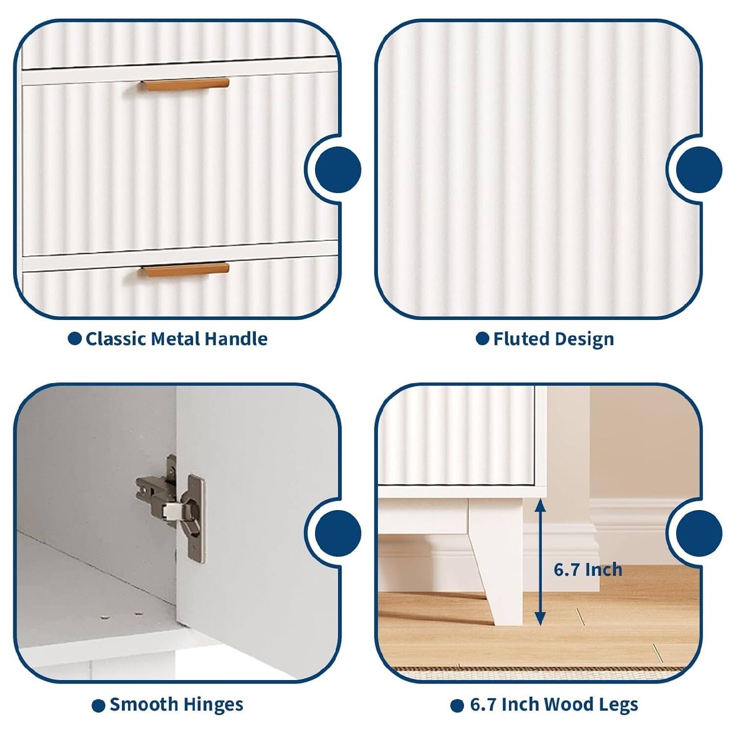 - Classic Metal Handle
- Fluted Design
- Smooth Hinges
- 6.7 Inch Wood Legs