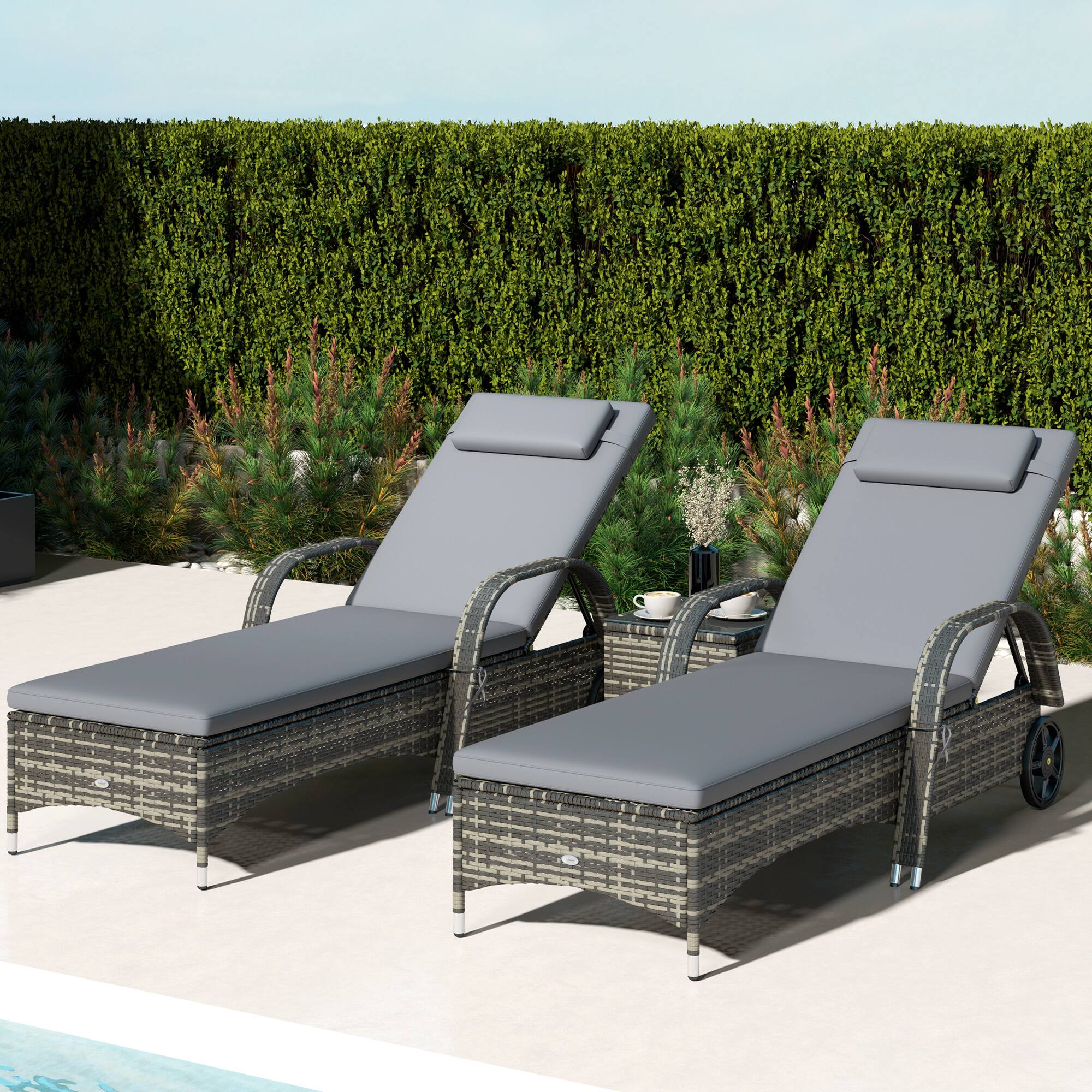 Alt View 1. Outsunny - Wicker Outdoor Chaise Lounge Chair Set of 3 with Side Table, 5-Level Adjustable Backrest PE Rattan Pool Lounge Chair - Gray.