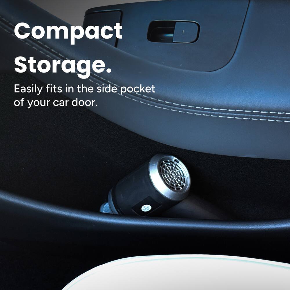 Compact Storage.  
Easily fits in the side pocket of your car door.