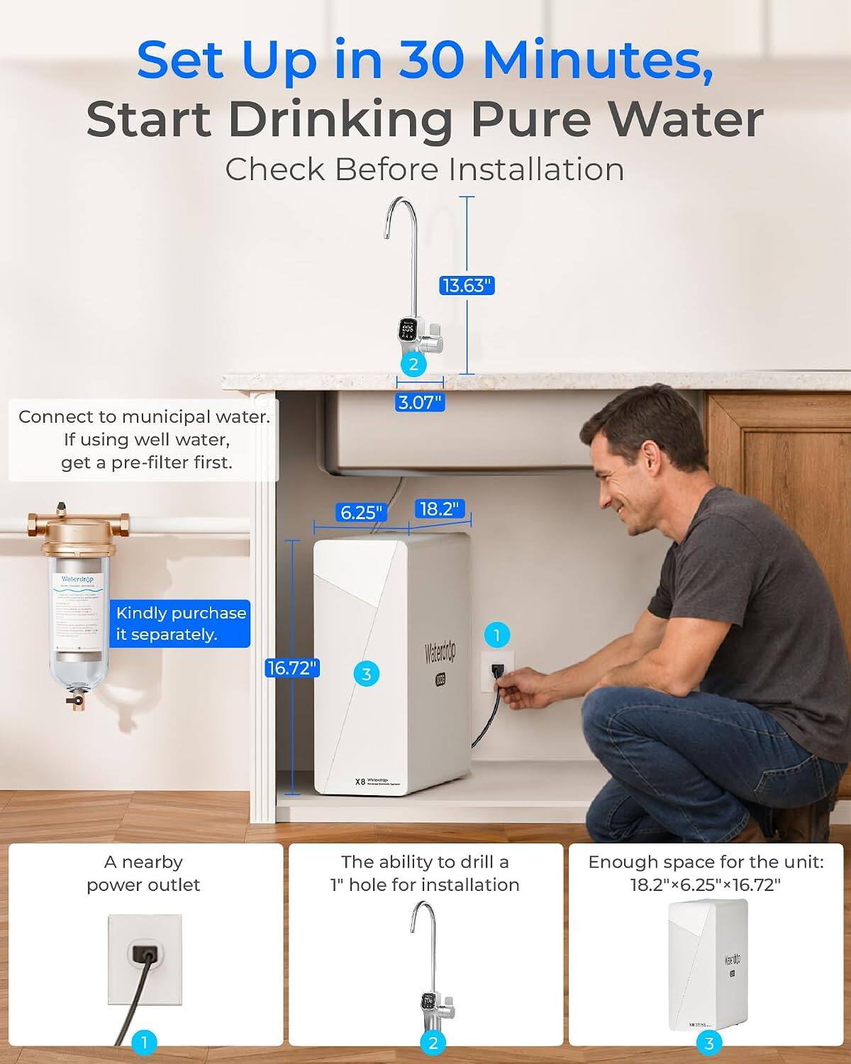 Set Up in 30 Minutes, Start Drinking Pure Water  
Check Before Installation

1. Connect to municipal water. If using well water, get a pre-filter first.
2. A nearby power outlet
3. The ability to drill a 1" hole for installation
4. Enough space for the unit: 18.2"x6.25"x16.72"

- 13.63"
- 3.07"
- 6.25"
- 18.2"
- 16.72'

Watendrop  
Kindly purchase it separately.