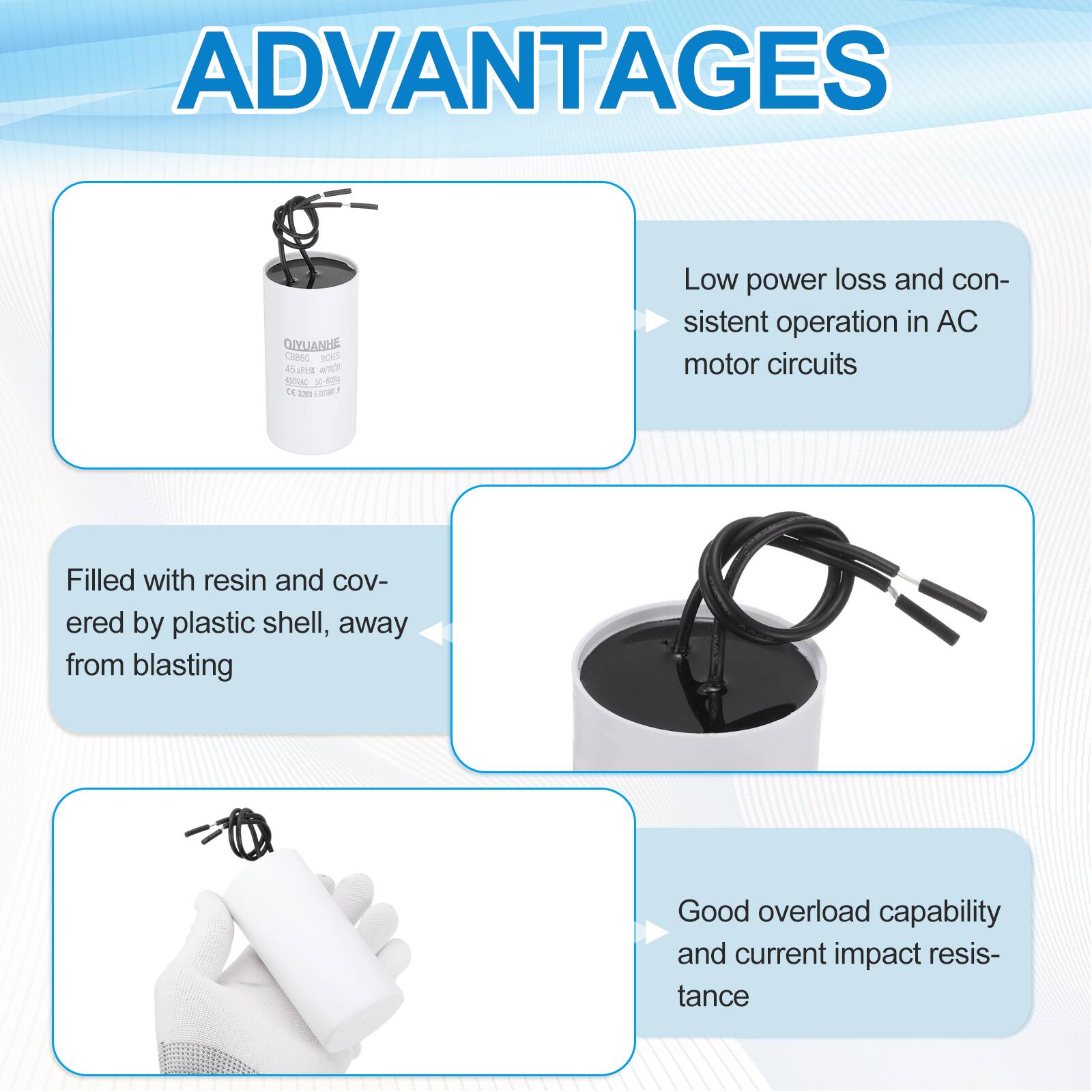 ADVANTAGES

- Low power loss and consistent operation in AC motor circuits
- Filled with resin and covered by plastic shell, away from blasting
- Good overload capability and current impact resistance